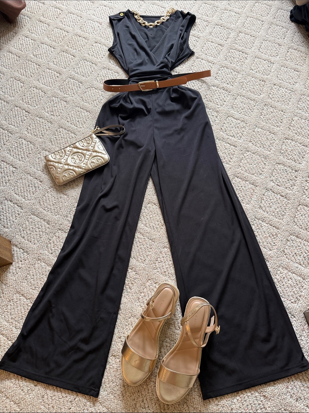 Black Wide-Leg Jumpsuit with Gold Chain Detail